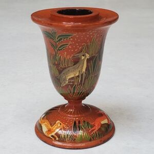 Vintage Kashmiri Lacquer Ware Candle Holder Handpainted with 22k Gold Leaf
